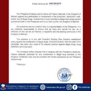 PH Embassy Warns Pinoys in Bahrain Against Illegal Drug Activities