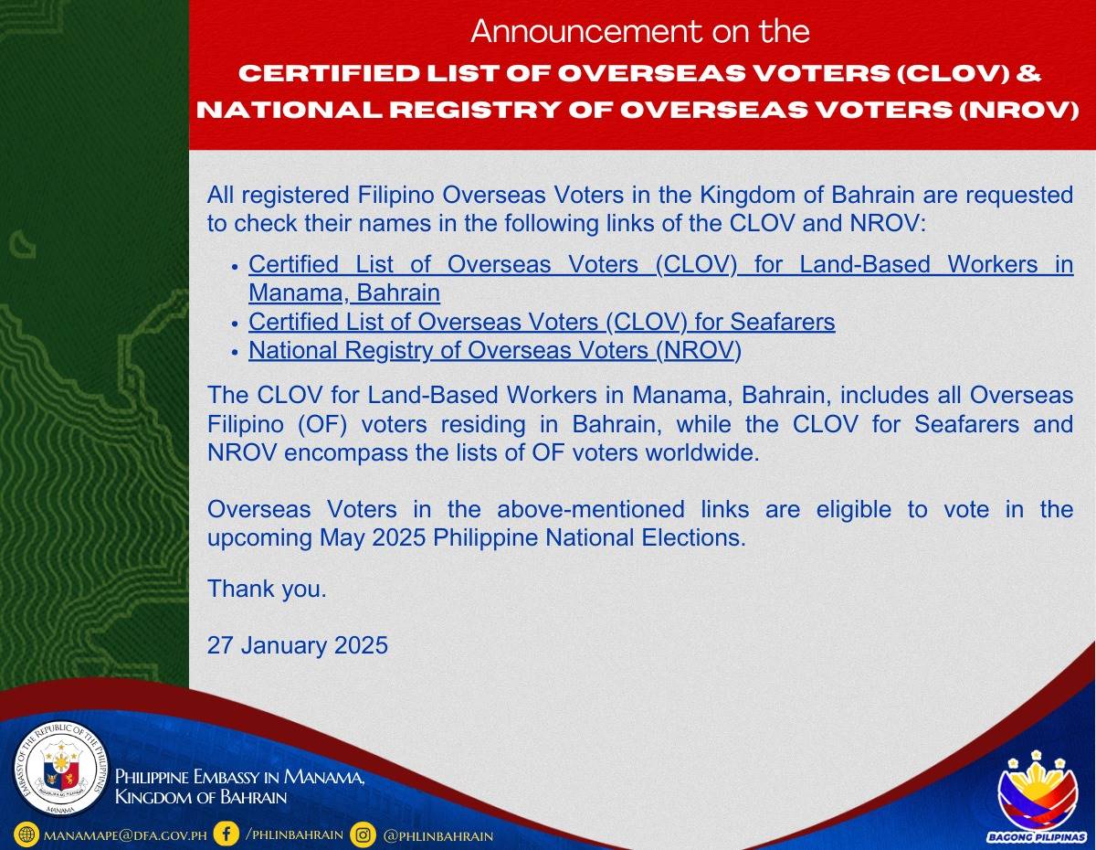 advisory update overseas list of voters in bahrain filipinos